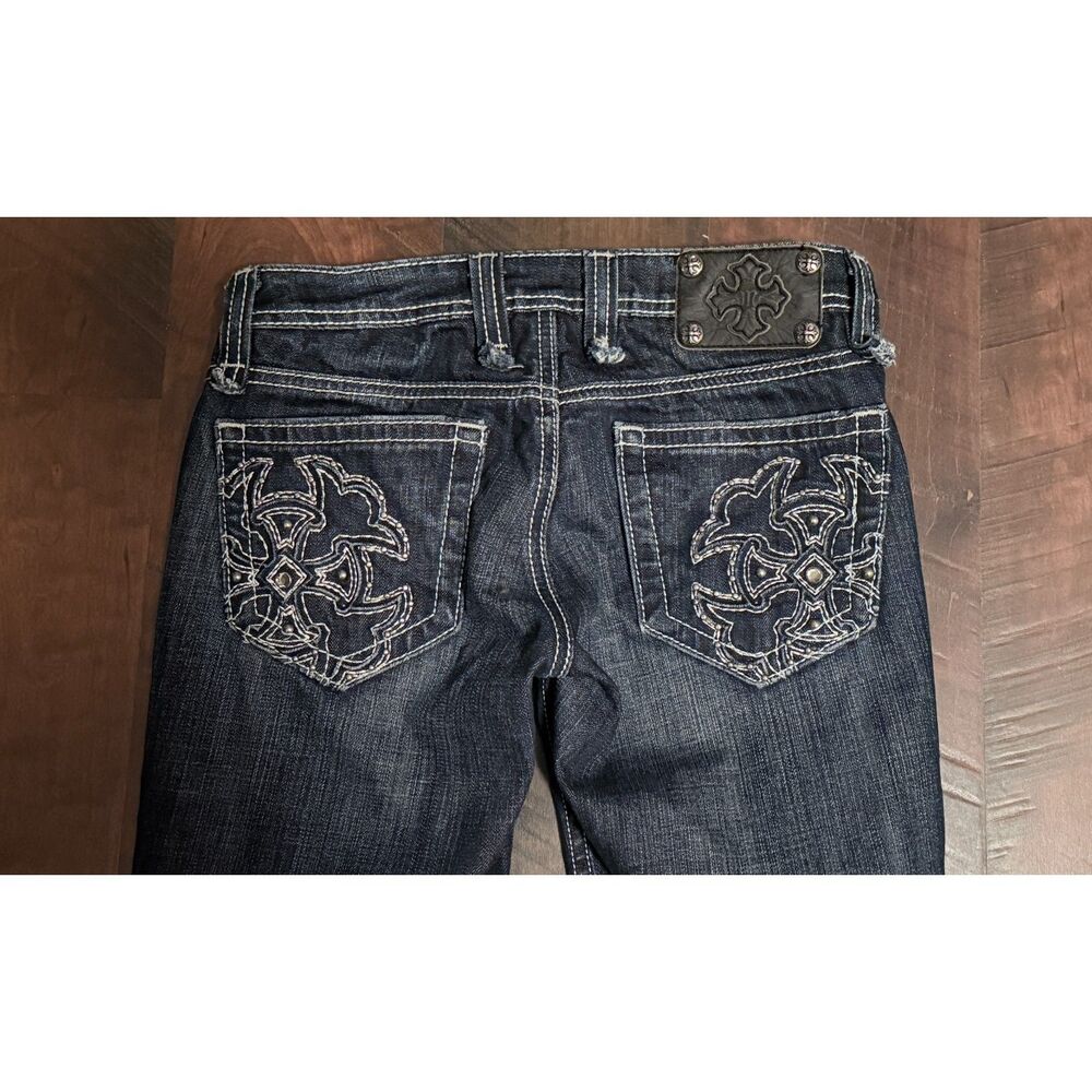 Miss Me Bootcut Jeans Size 27 Dark Wash Gothic Cross Embroidered Y2K Denim